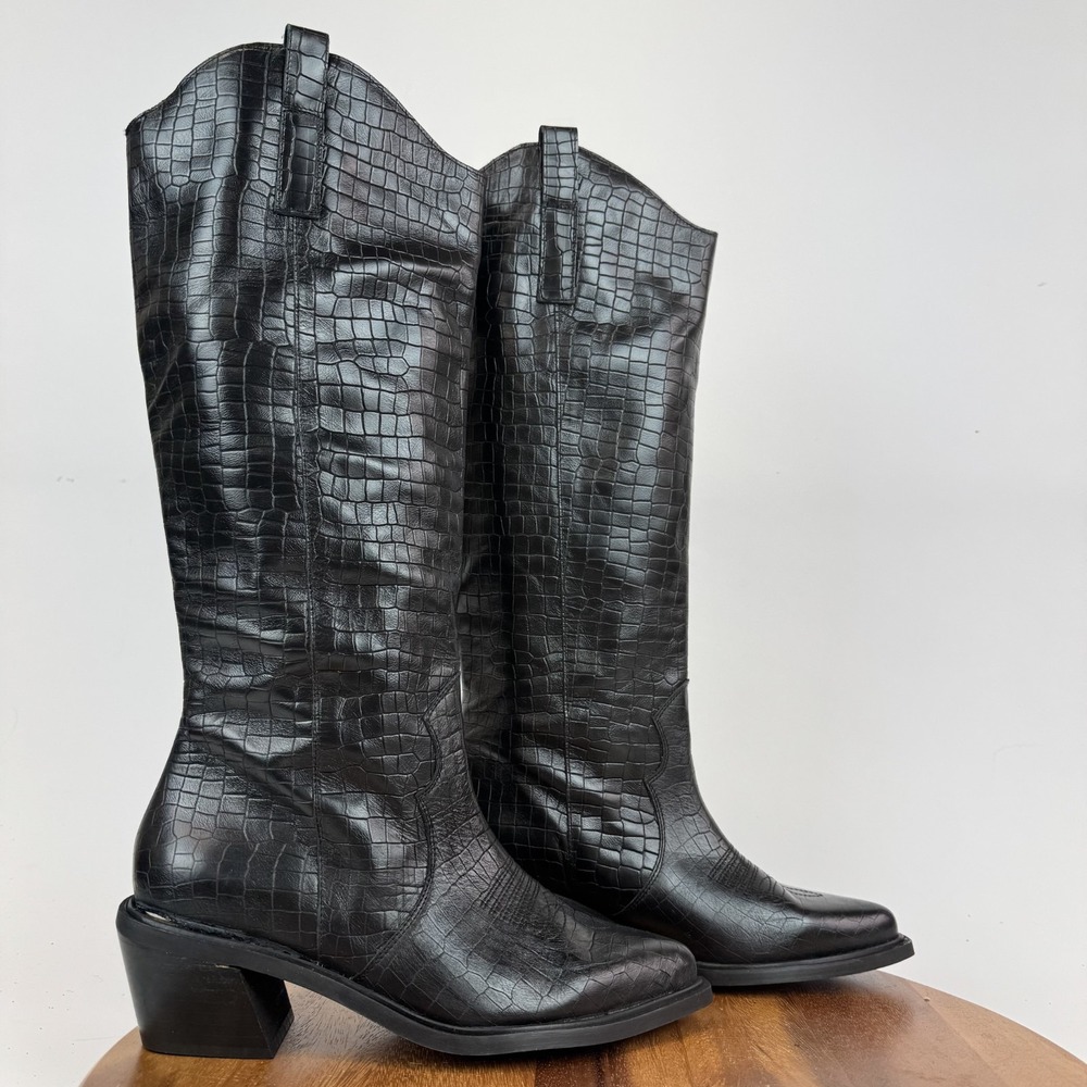 New Womens Alohas Mount Ali Leather Croc Pattern Heeled Western Boots Size 40